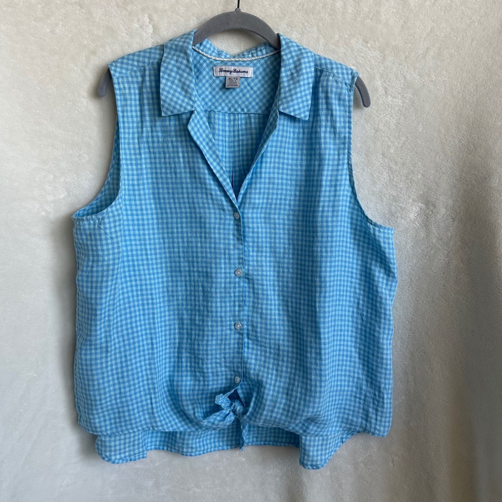 Tommy Bahama Blue White Gingham Linen Tie Front Sleeveless Button Shirt XL